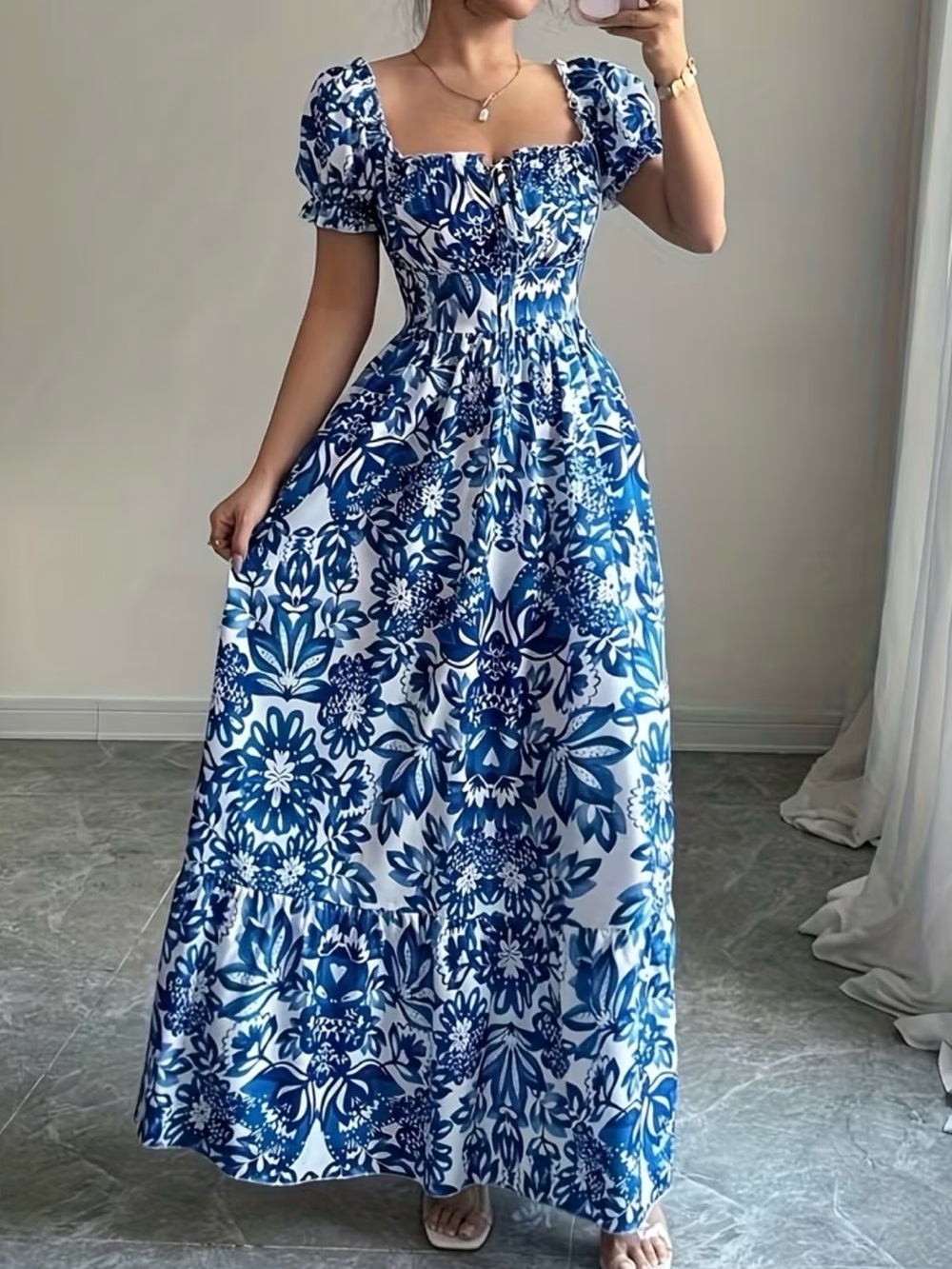 Blue Floral Puff-Sleeve Maxi Dress